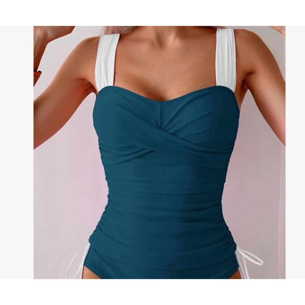NEW B2prity Tankini Top Large Teal White Twist Front Ruched Adjustable Sides